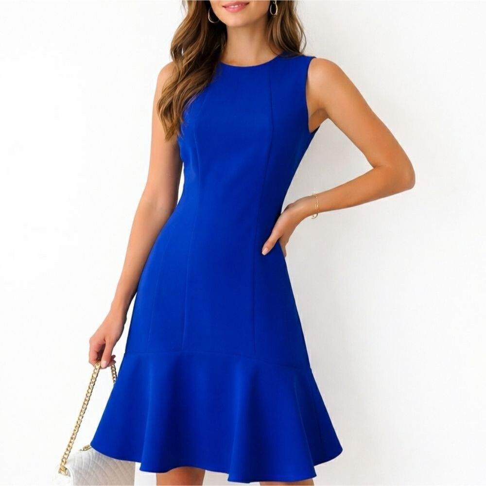 Tailored Sheath Bodice Dress Flounce Hem Elegant Office Royal Blue Size 6 - Picture 1 of 13